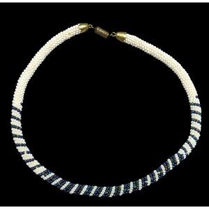 Vintage Handmade White And Blue/Black Beaded Rope Necklace